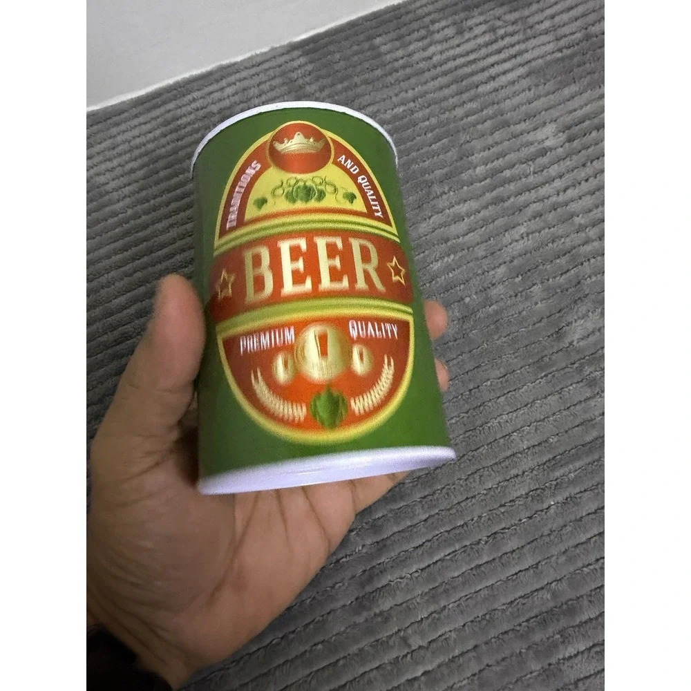 NWT Gift Beer Can Money Piggy Bank Aluminum Green Tan New